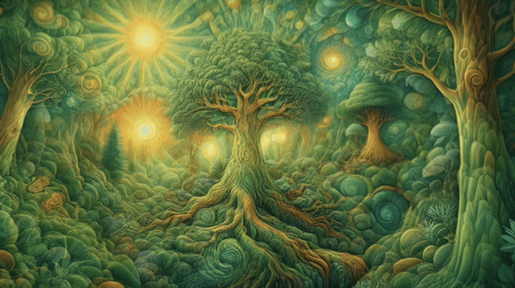 Glowing orbs and eyes emerging from the tree canopy in a psychedelic screensaver for shrooms.